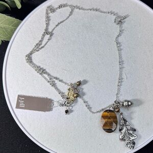 J Jill Silver Tone Acorn & Tiger's Eye Pendant Necklace 32 inch
